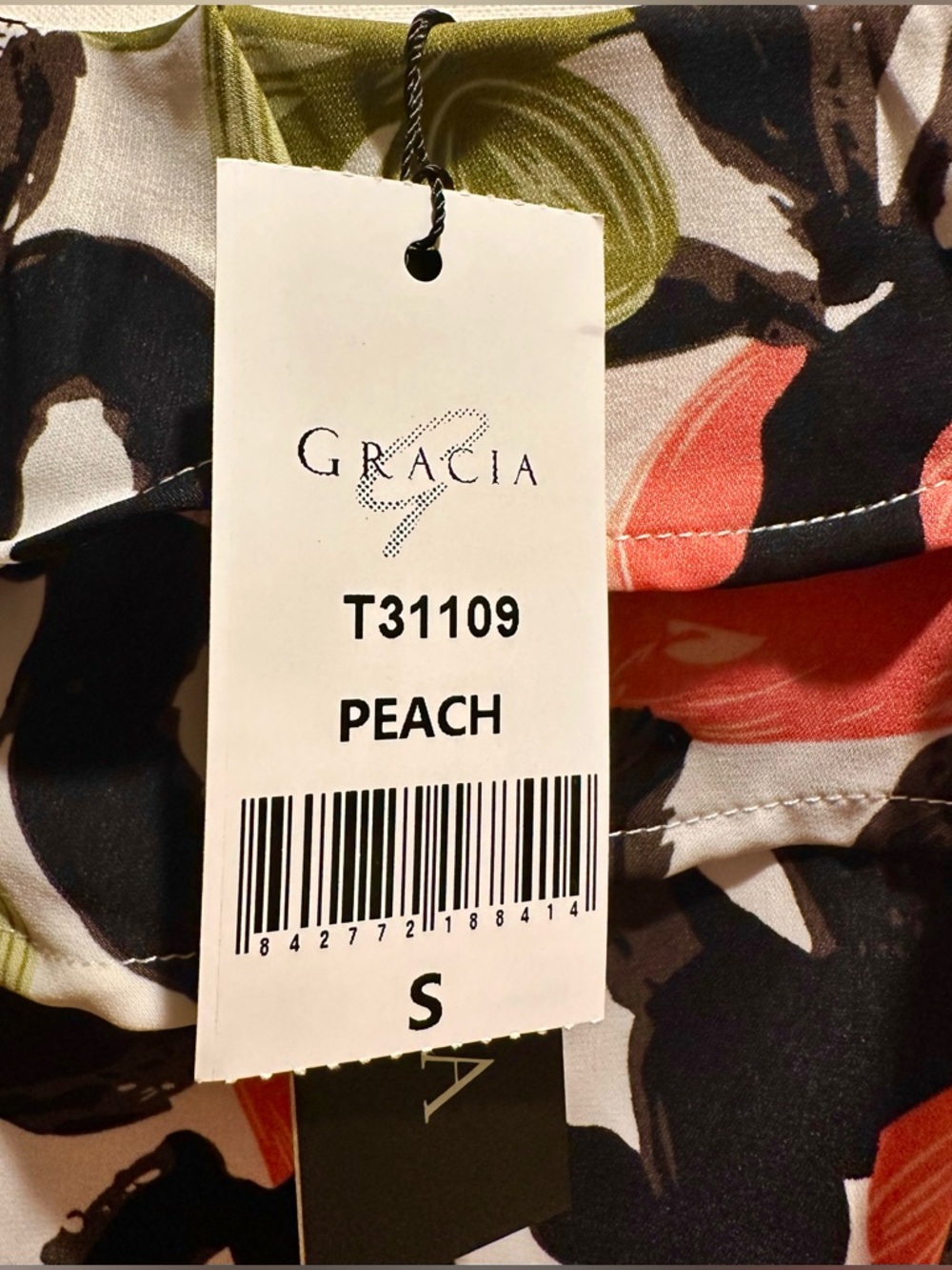 Gracia White Floral Zip-Front Ruffle Blouse with Coral, Black and Green Accents - Picture 8 of 9